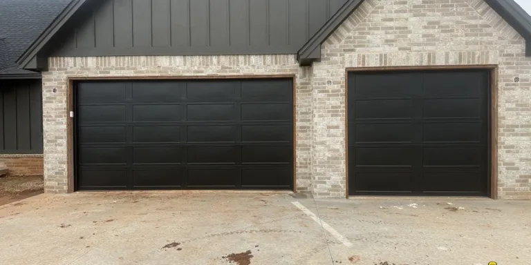 Finished black sectional garage doors on a brick home