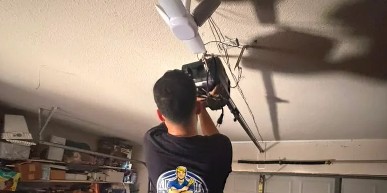 MTA technician servicing a ceiling-mounted garage door opener